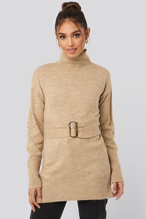 Beige Buckle Belt Knitted Sweater