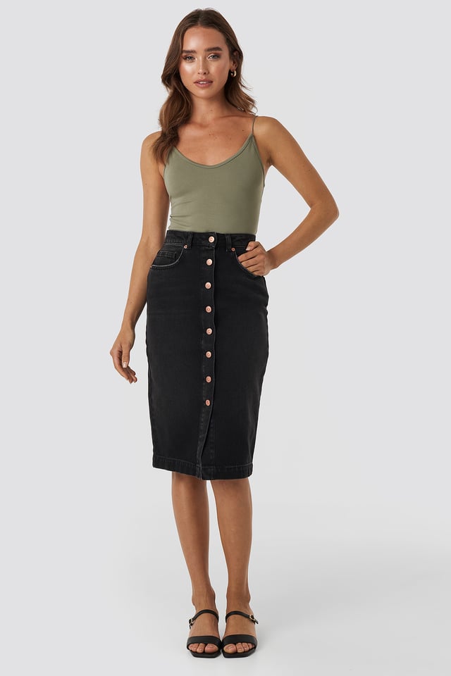 Button Up Denim  Midi Skirt Washed Black