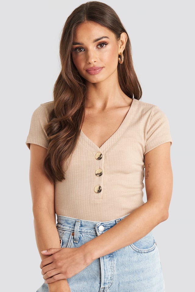Button Short Sleeve Top Light Beige