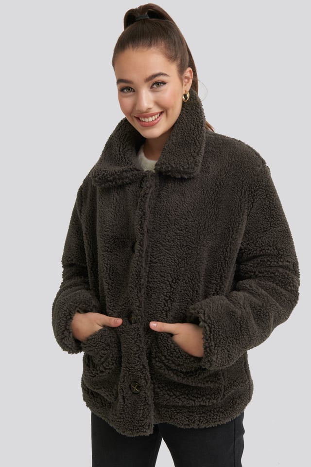 Button Teddy Jacket Brown