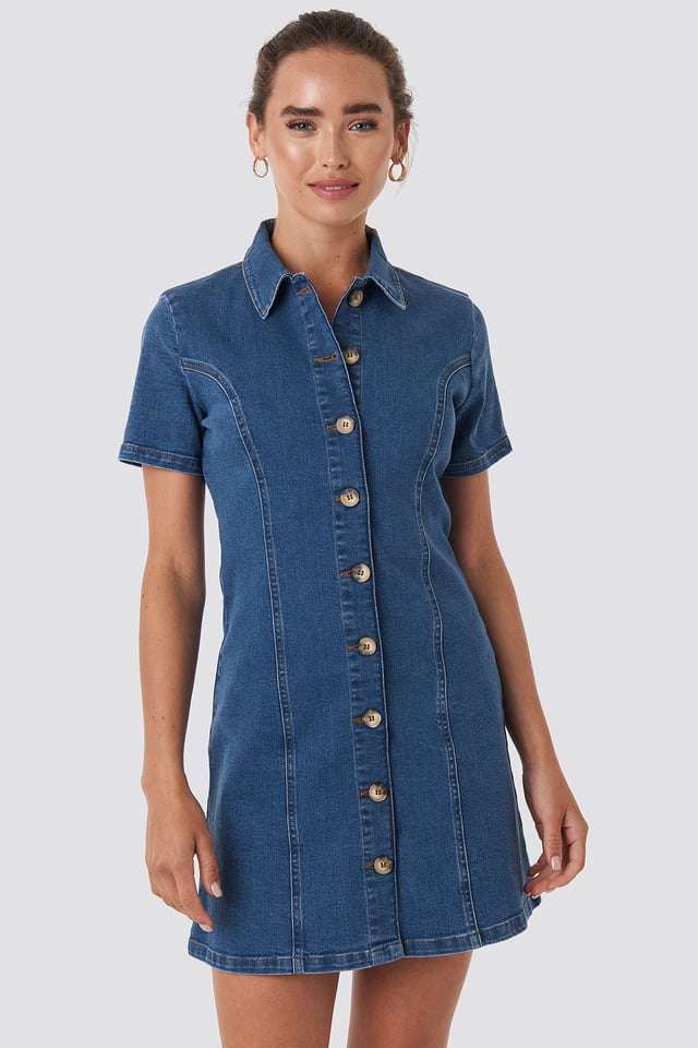 Button Up Denim Mini Dress Mid Blue Wash