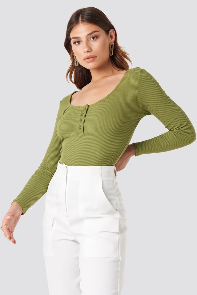 Button Up Henley Top Green