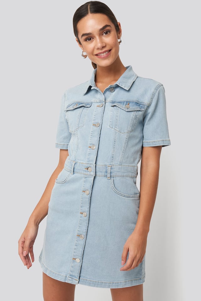 Button Up Mini Denim Dress Light Blue