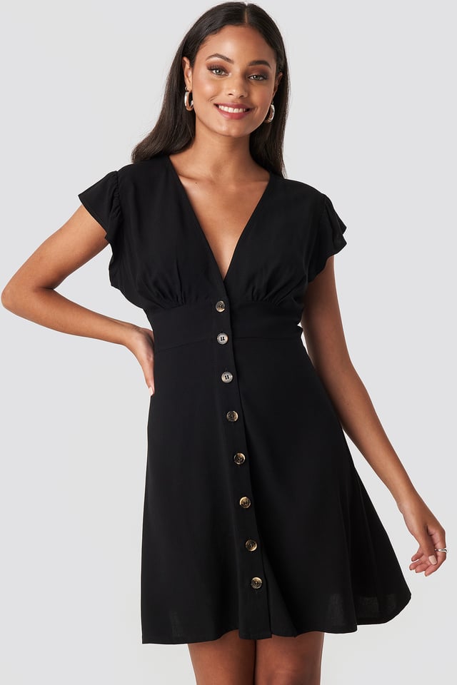 Button Up Mini Dress Deep Black