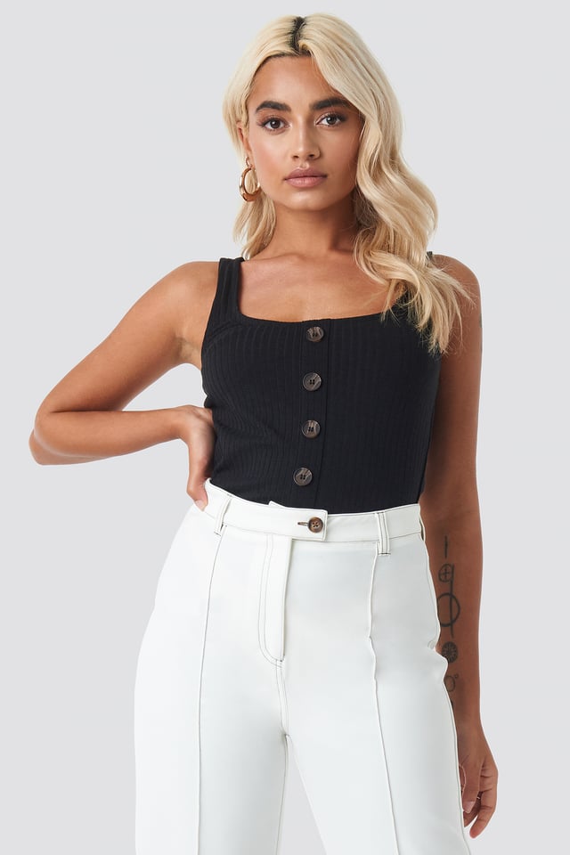 Buttoned Ribbed Singlet Black