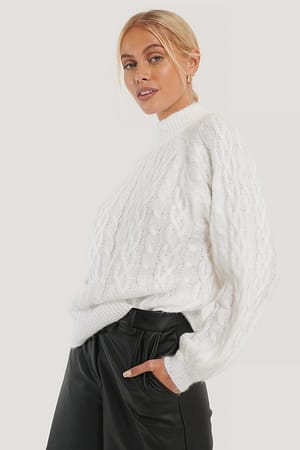 White NA-KD Trend Cable Hairy Knitted Sweater
