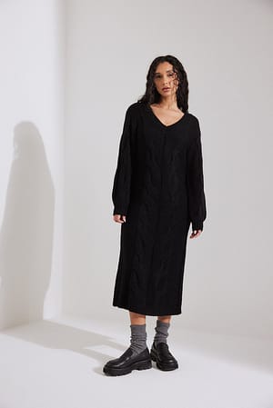 Black Cable Knit Midi Dress