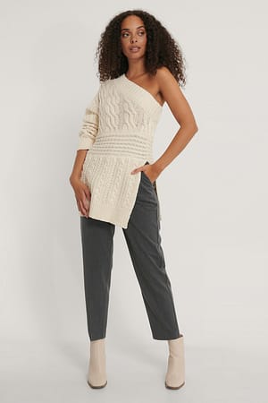 Light Beige Cable Knit One Shoulder Sweater