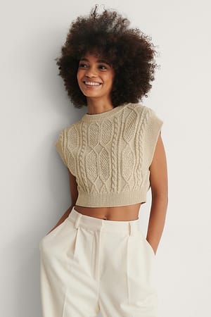 Beige Cable Knitted Cropped Vest