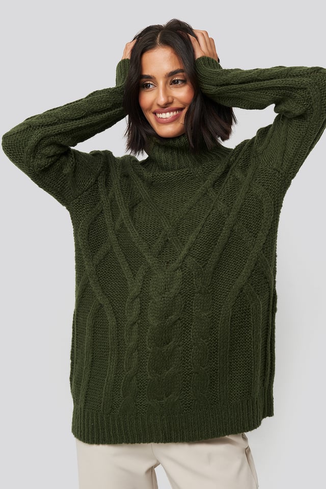 Cable Knitted High Neck Sweater Dark Green