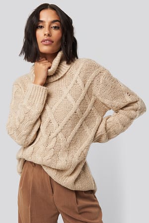 Light Beige NA-KD Cable Knitted High Neck Sweater