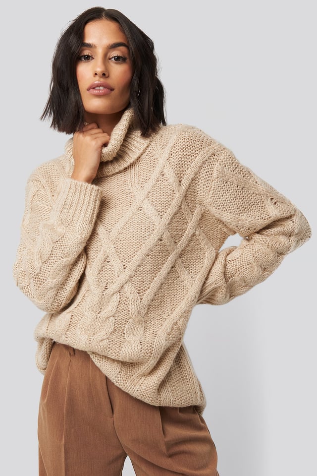 Cable Knitted High Neck Sweater Light Beige