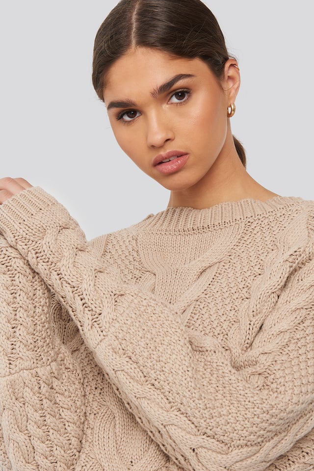 Cable Knitted Ribbed Sleeve Sweater Beige