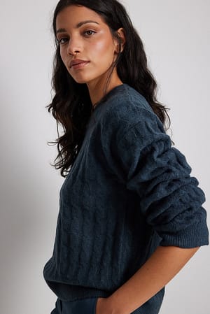 Midnight Blue Cable Knitted Wool Blend Sweater
