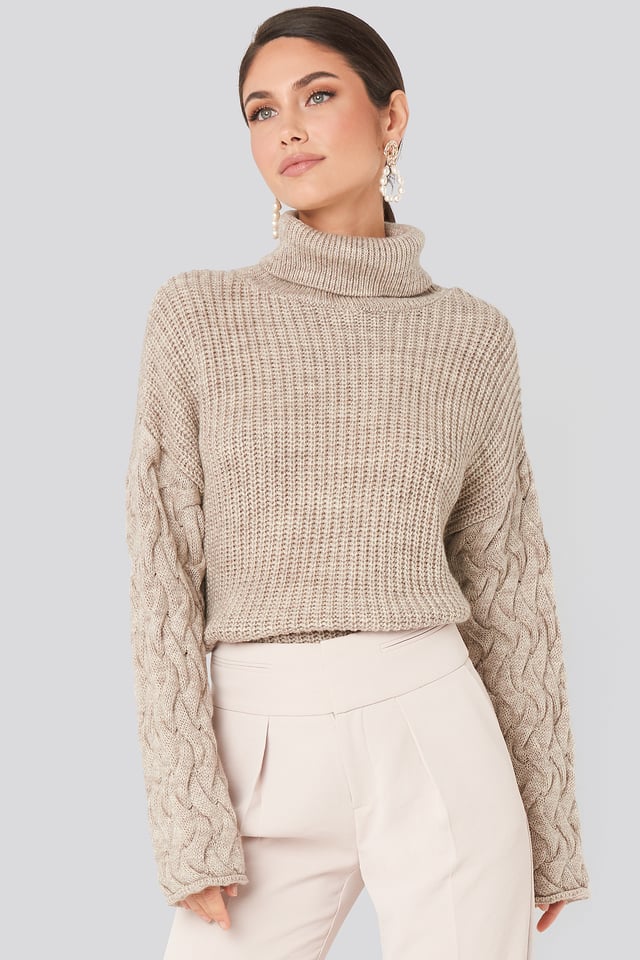 Cable Sleeve High Neck Sweater Beige