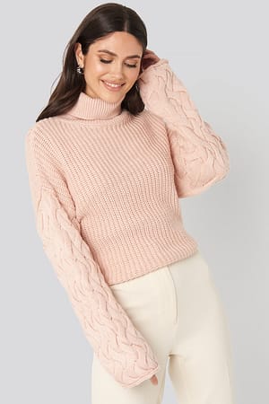 Dusty Pink Cable Sleeve High Neck Sweater