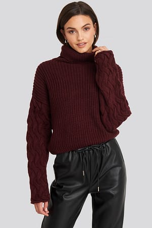 Burgundy Cable Sleeve High Neck Sweater