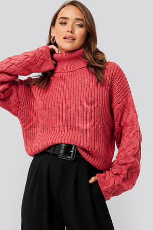 Raspberry NA-KD Cable Sleeve High Neck Sweater