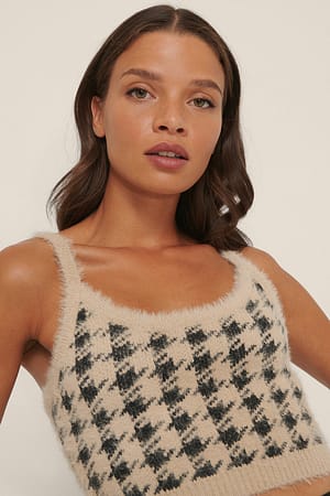 beige/Black Checked Cropped Knitted Top