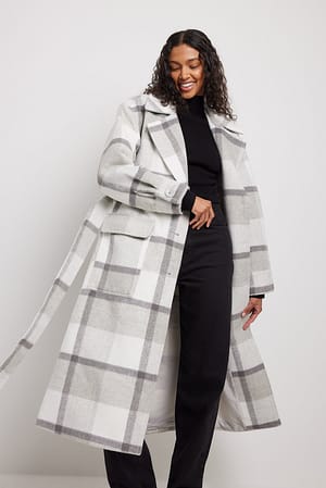 Grey Check Checked Oversized Belted Coat