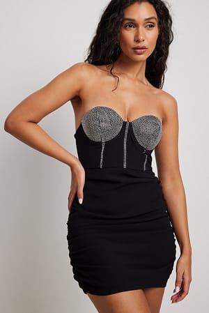Black Vestido mini ornamentado no peito
