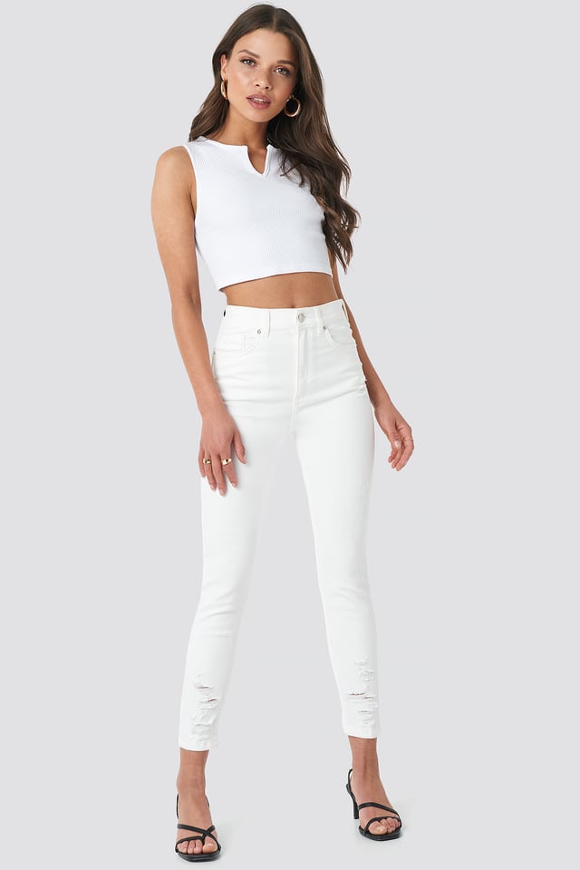 Chewed Hem Skinny Cropped Jeans Off White