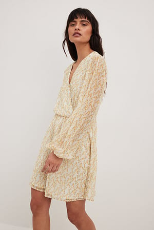 Yellow With Flower Print Robe mini à manches bouffantes