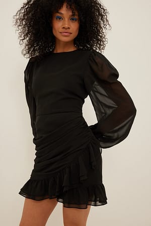 Black Chiffon Puff Sleeve Mini Dress
