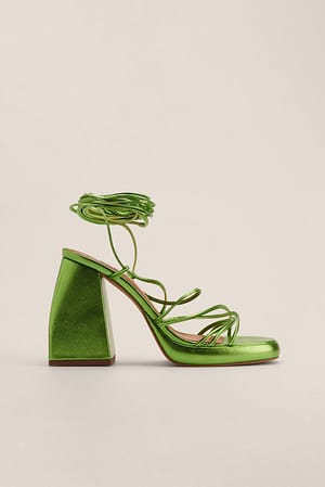 Metallic Green Masywne buty na obcasach w stylu retro