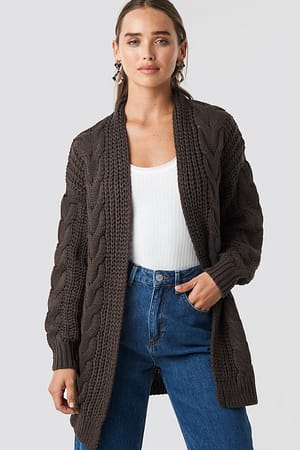 Brown Chunky Cable Knit Long Cardigan