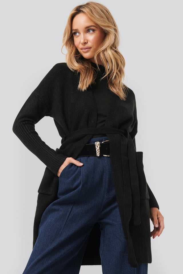 Chunky Knit Long Cardigan Black