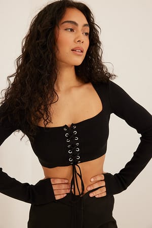 Black Front Lacing Detail Knitted Top