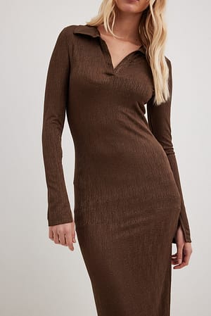 Brown Collar Detail Midi Dress