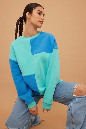 Blue Color Block Patch Sweatshirt