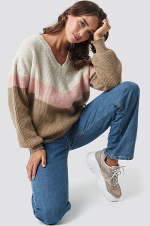 Beige Color Blocked V-neck Knitted Sweater