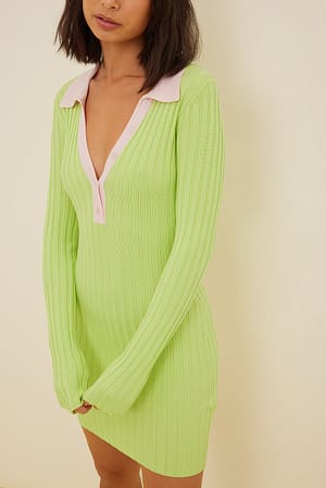 Green Contrast Detail Ribbed Dress