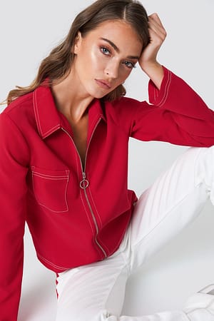 Red NA-KD Trend Contrast Seam Front Zipper Top