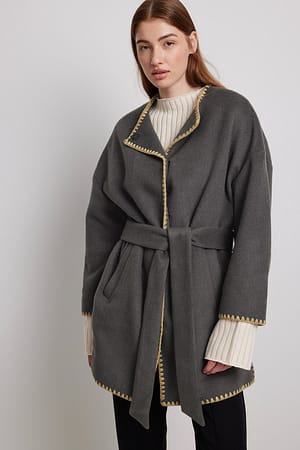 Dark Grey Wool Blend Contrast Stitch Detail Jacket