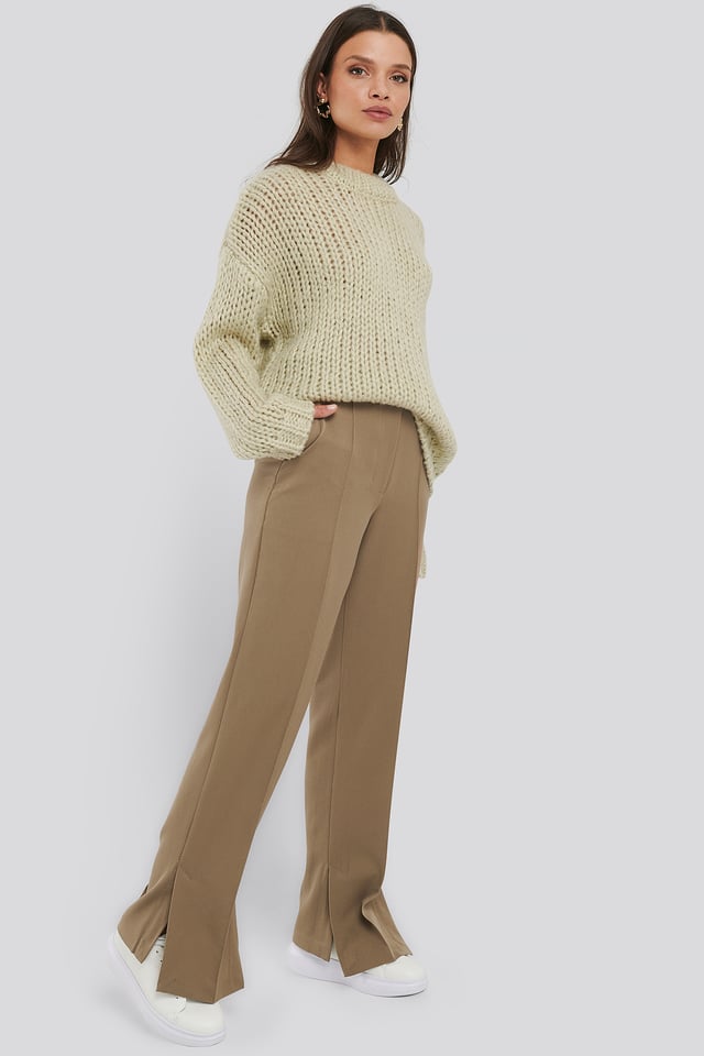Creased Side Slit Pants Beige