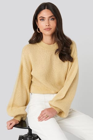 Light Yellow NA-KD Crew Neck Volume Sleeve Knitted Sweater