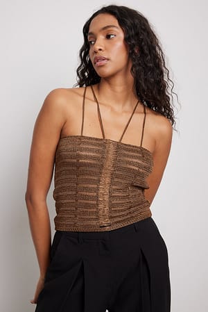 Brown Crochet Knitted Lacing Detail Top