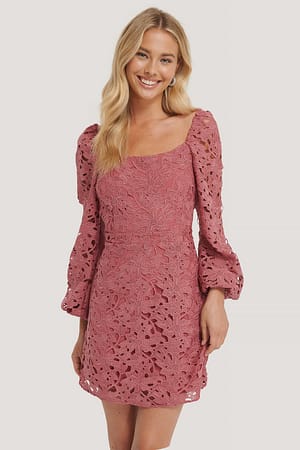 Dark Pink Crochet Long Sleeve Mini Dress
