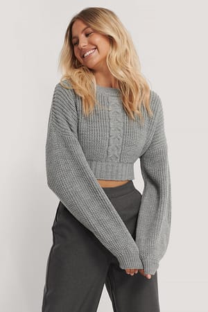 Grey NA-KD Cropped Cable Knit Sweater