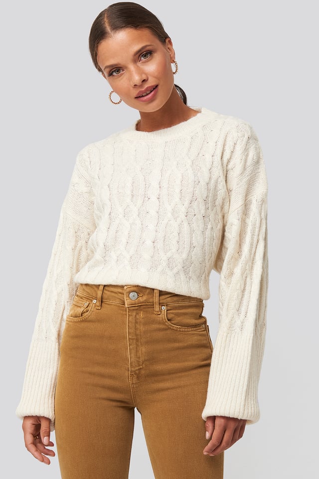 Cropped Cable Knitted Sweater Offwhite