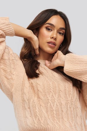 Dusty Light Pink NA-KD Cropped Cable Knitted Sweater