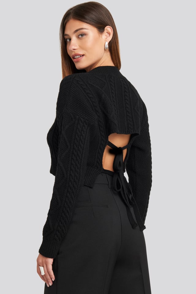 Cropped Cable Open Back Sweater Deep Black