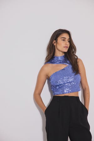 Light Blue Mimi A.R x NA-KD Cropped Cut Out Sequin Top