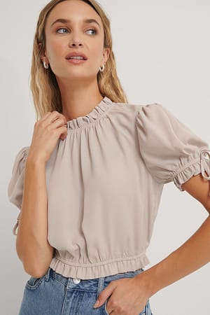 Beige Cropped Frill Neck Top