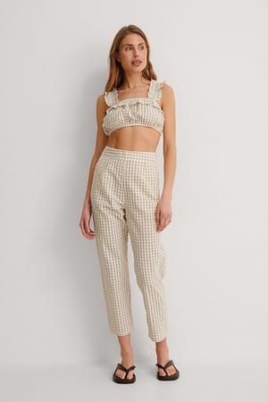Beige Check Cropped Gingham Pants
