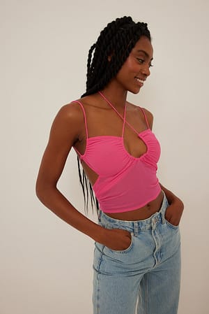 Strong Pink Cropped Halterneck Chiffon Top